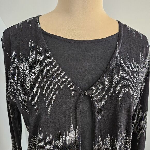 Western Connection Twofer Top Womens Medium Black Silver Metallic Festive Bling - Picture 6 of 14